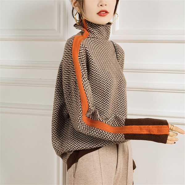 Herringbone Turtleneck Sweater | Soft Knit | Contrast Sleeve Detail