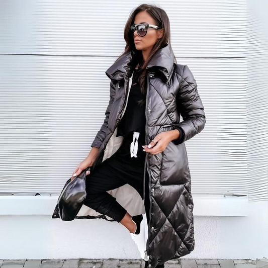 Long Quilted Puffer Coat | Glossy Finish | Winter Warmth