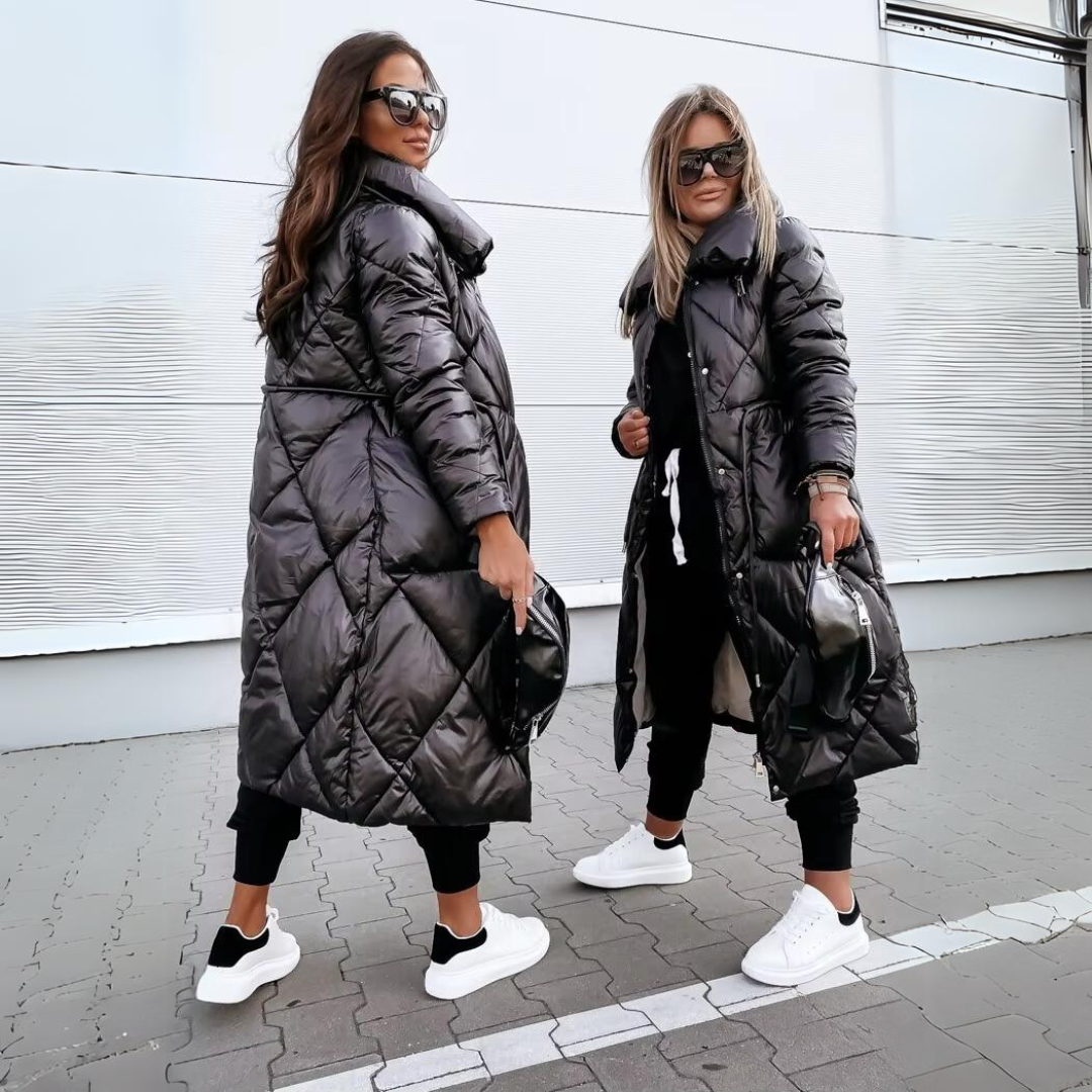 Long Quilted Puffer Coat | Glossy Finish | Winter Warmth