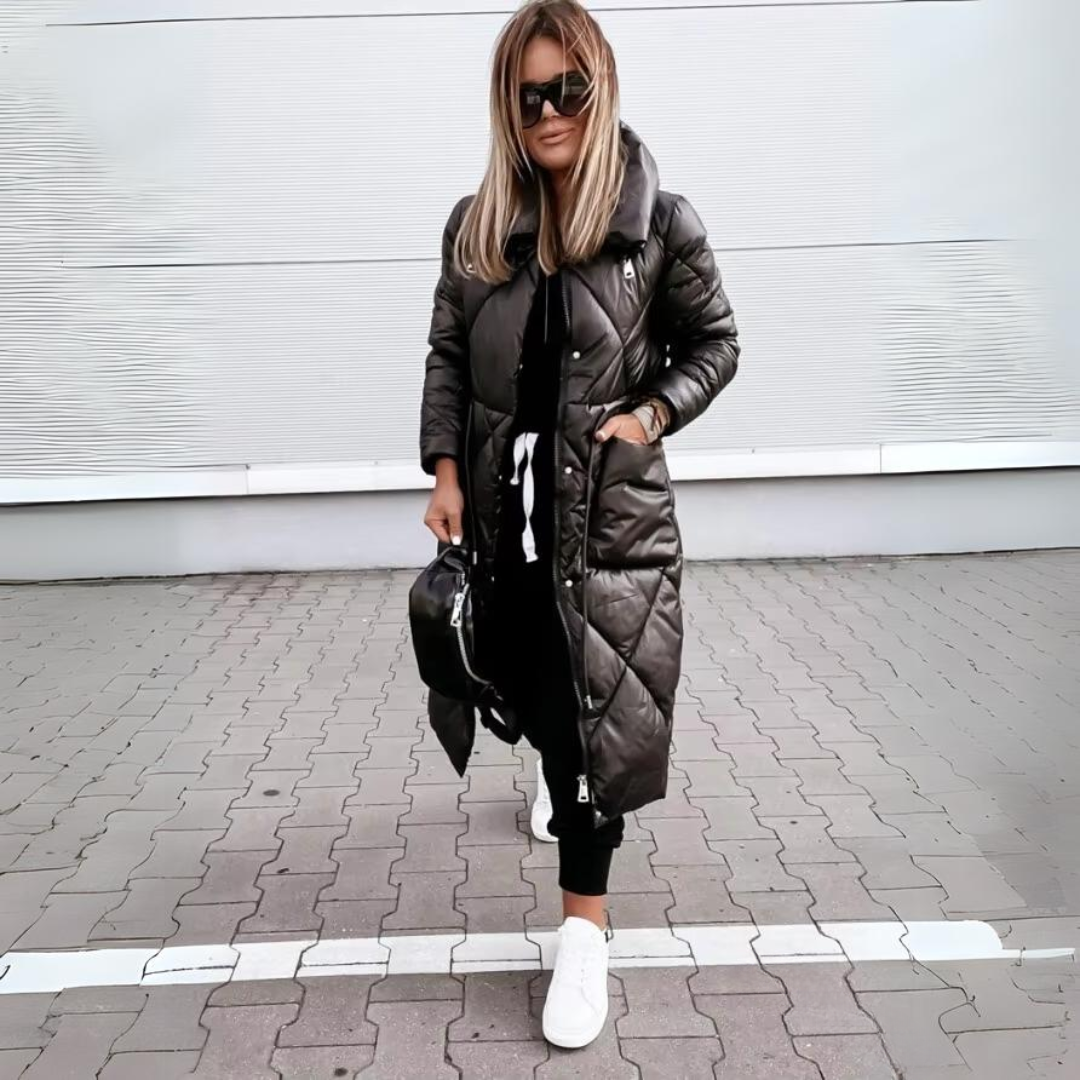 Long Quilted Puffer Coat | Glossy Finish | Winter Warmth