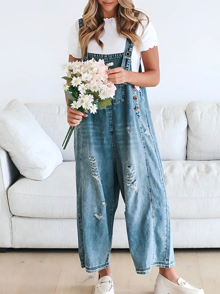 Distressed Denim Overalls | Relaxed Fit | Casual & Trendy