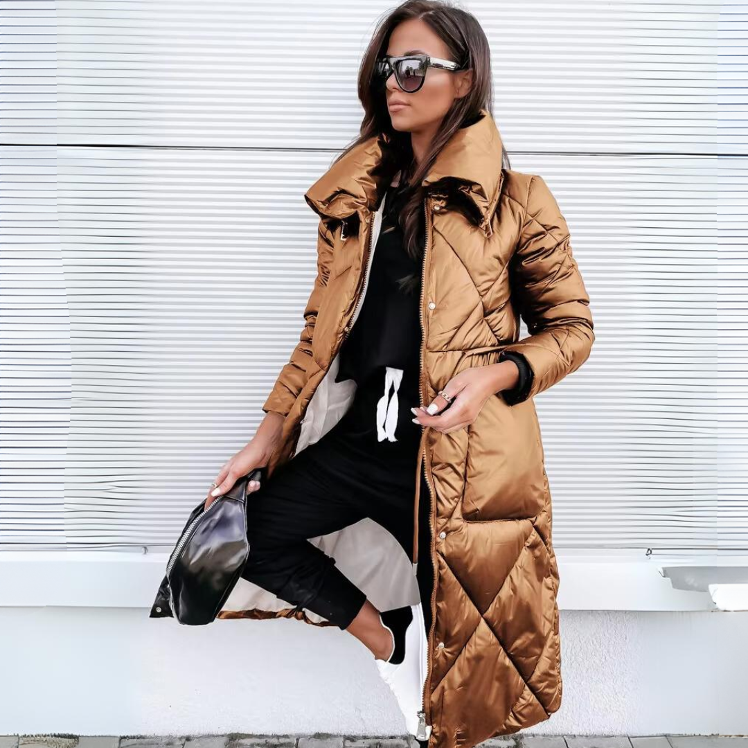 Long Quilted Puffer Coat | Glossy Finish | Winter Warmth