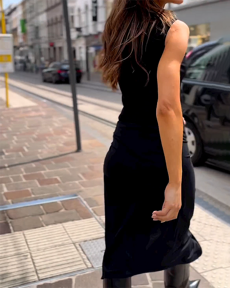 Black Sleeveless Knotted Midi Dress | Chic & Elegant | High Neck