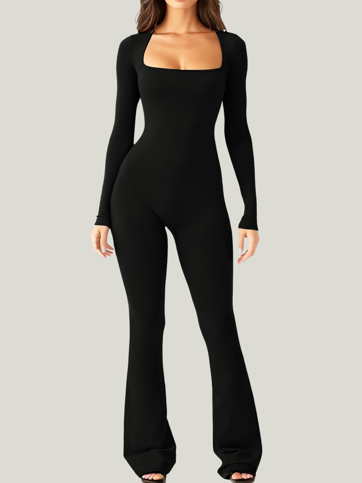 Square Neck Flare Jumpsuit | Sleek & Sculpting | Long Sleeve