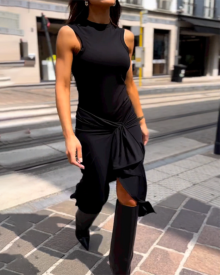 Black Sleeveless Knotted Midi Dress | Chic & Elegant | High Neck