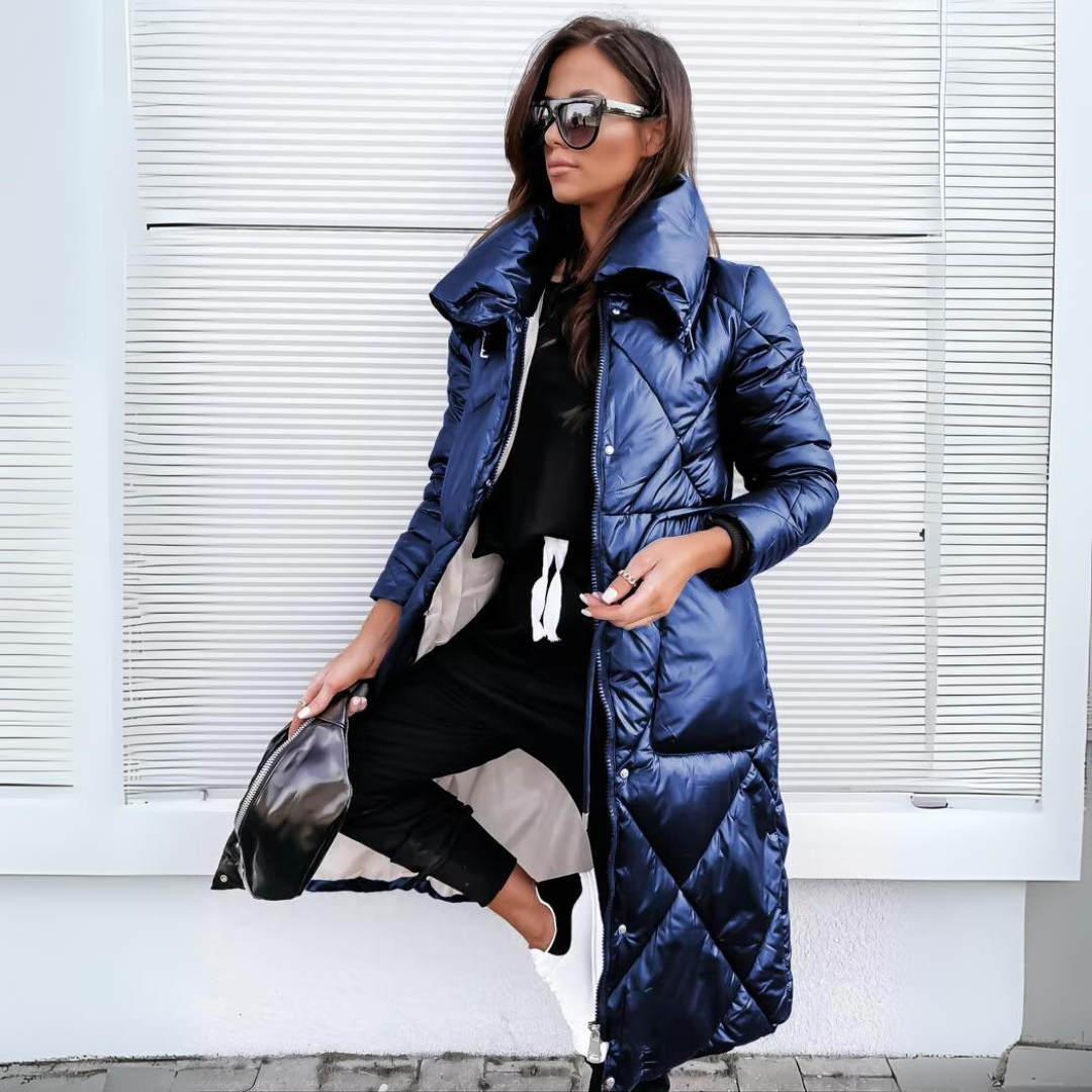 Long Quilted Puffer Coat | Glossy Finish | Winter Warmth