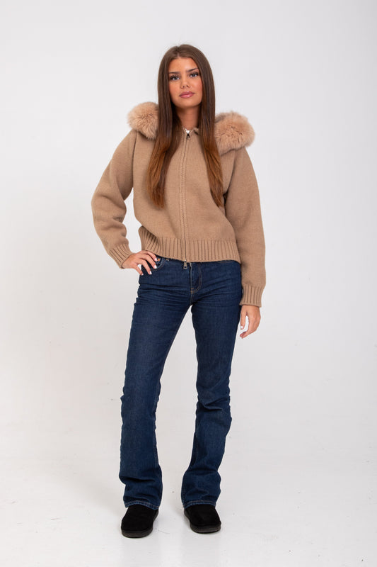 Knitted Zip-Up Cardigan | Faux Fur Hood | Cozy & Chic