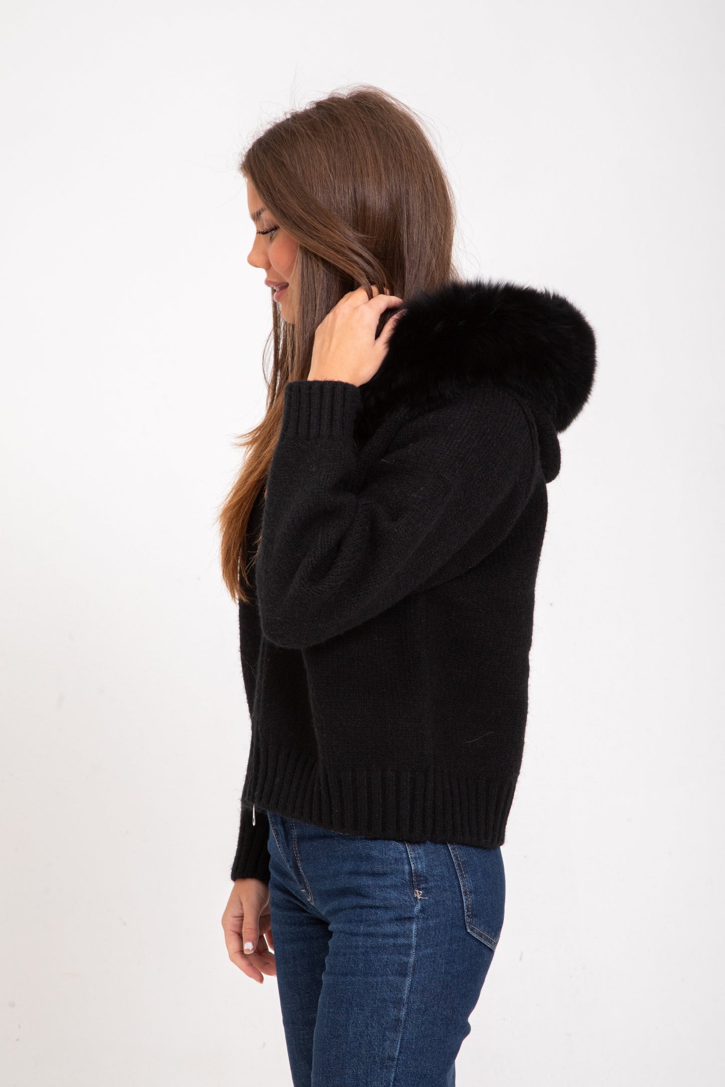 Knitted Zip-Up Cardigan | Faux Fur Hood | Cozy & Chic