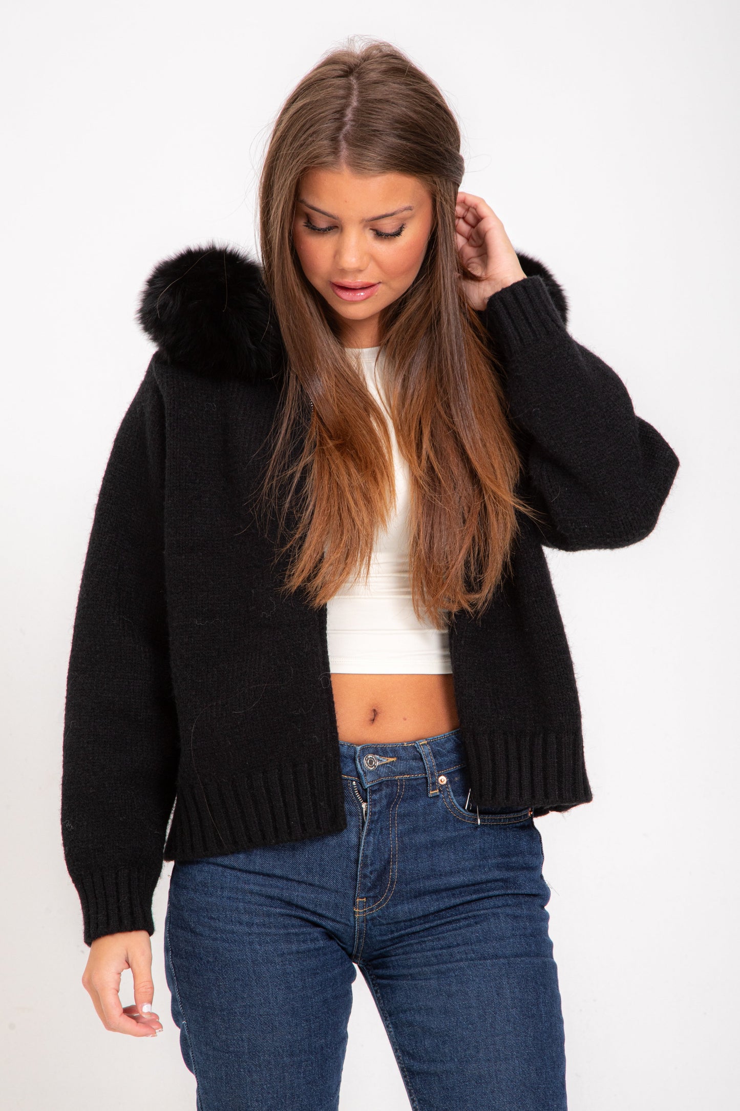 Knitted Zip-Up Cardigan | Faux Fur Hood | Cozy & Chic