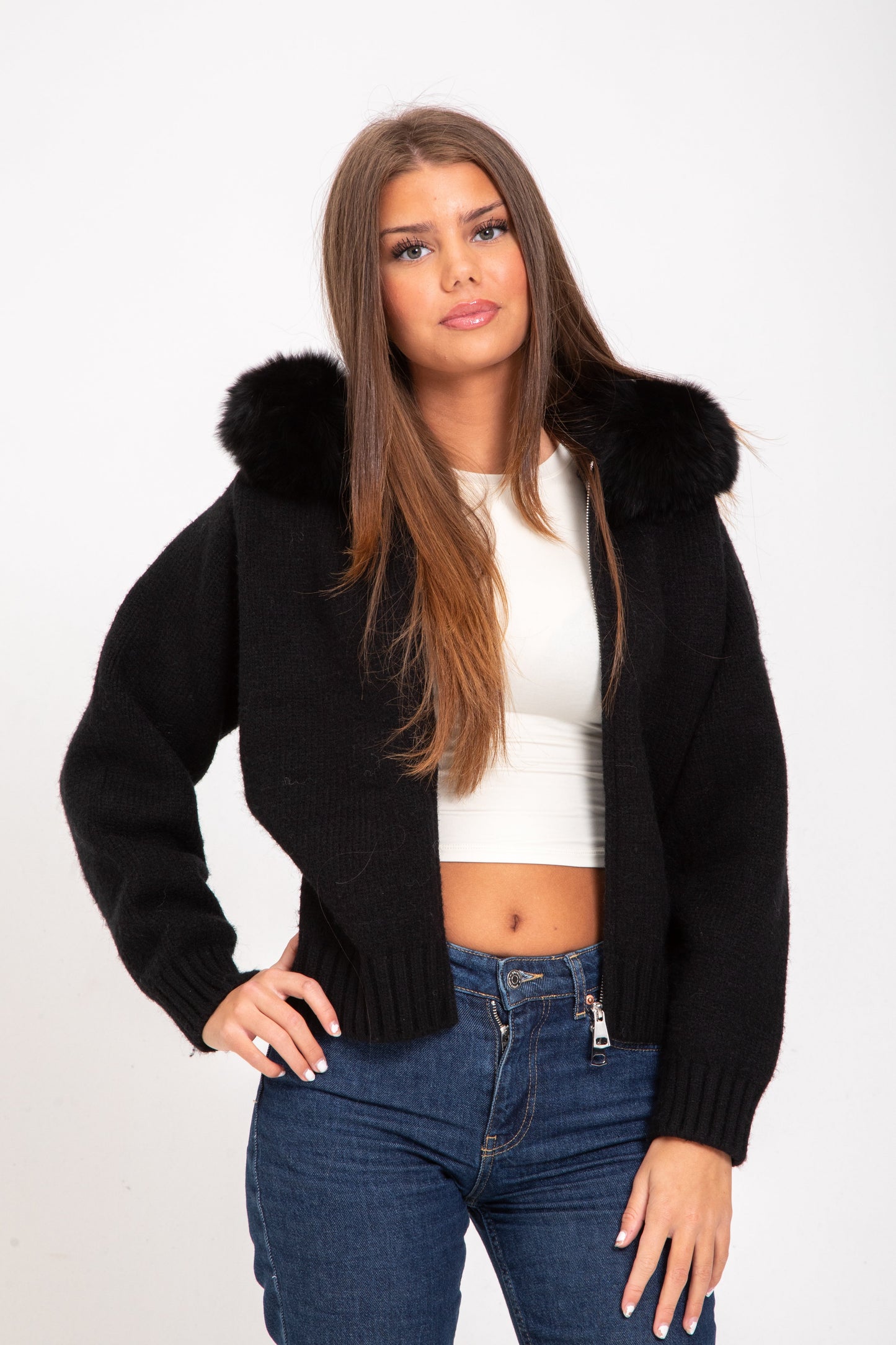 Knitted Zip-Up Cardigan | Faux Fur Hood | Cozy & Chic