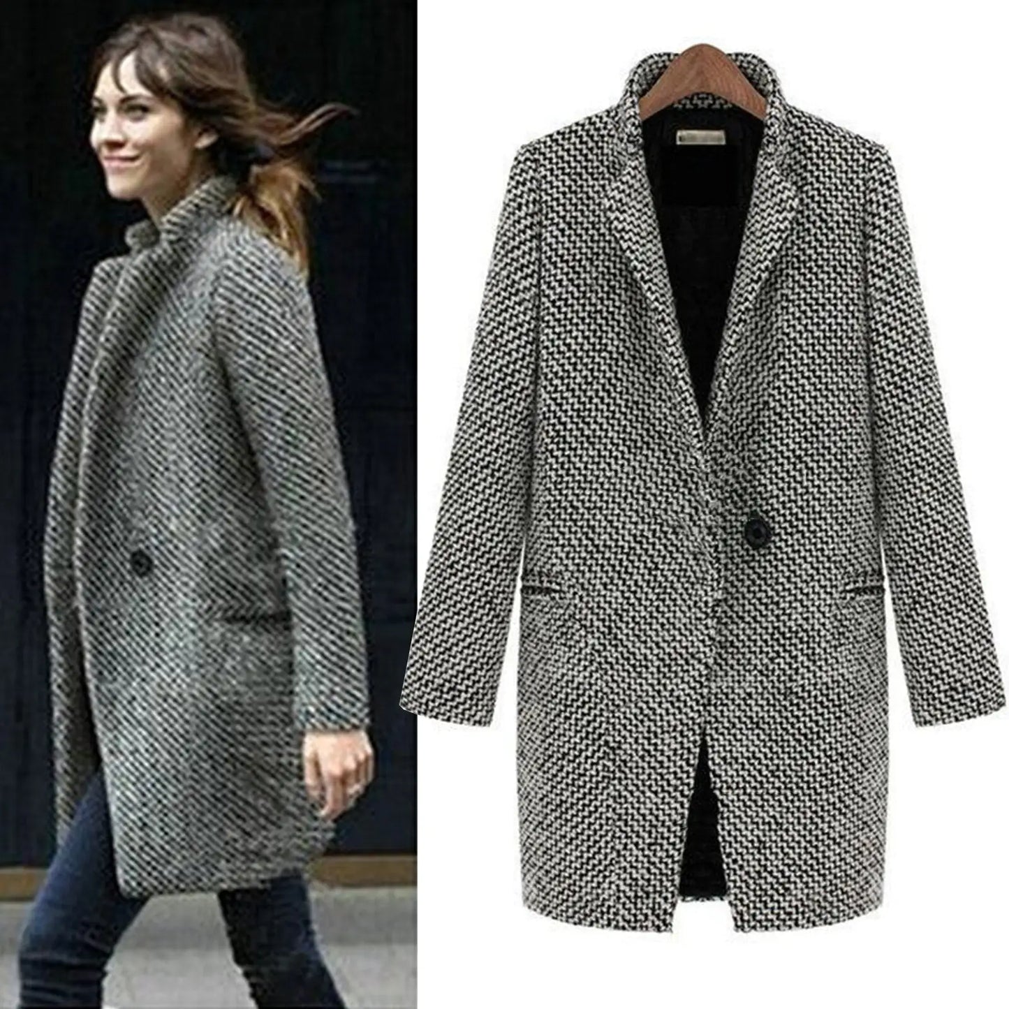 Houndstooth Wool Blend Coat | Classic Elegance | Chic & Warm