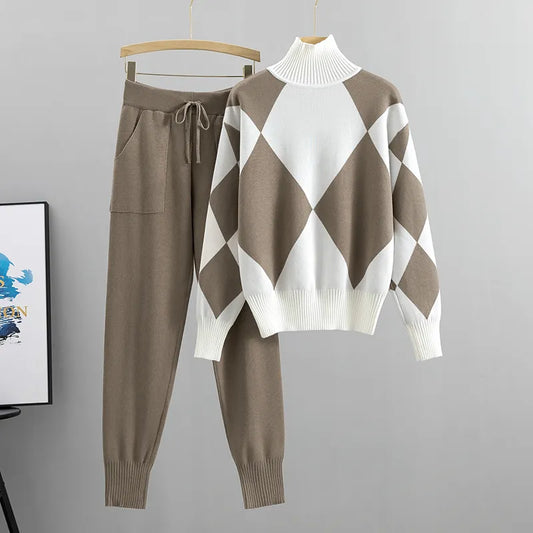 Argyle Knit Two-Piece Set | Turtleneck & Joggers | Cozy Chic