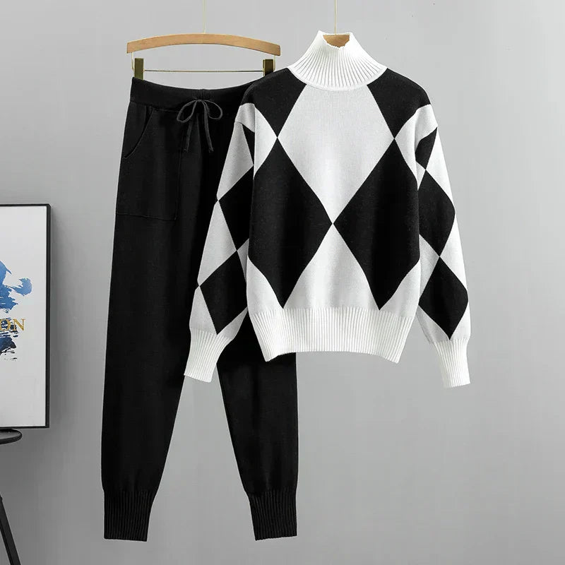 Argyle Knit Two-Piece Set | Turtleneck & Joggers | Cozy Chic