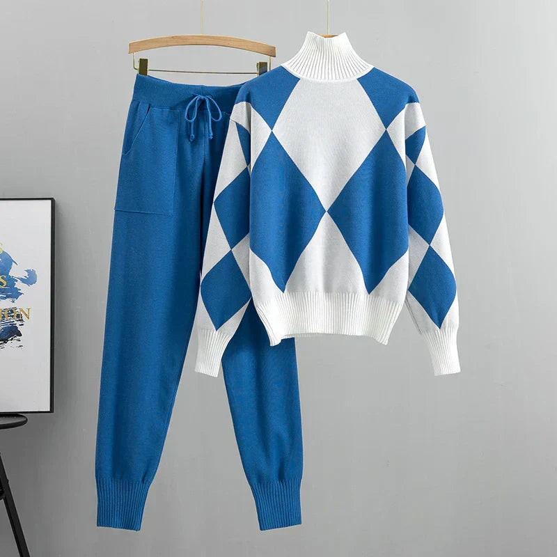 Argyle Knit Two-Piece Set | Turtleneck & Joggers | Cozy Chic