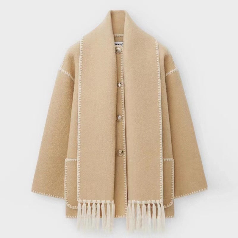 Wool Blend Cape Coat | Scarf Detail | Elegant & Cozy