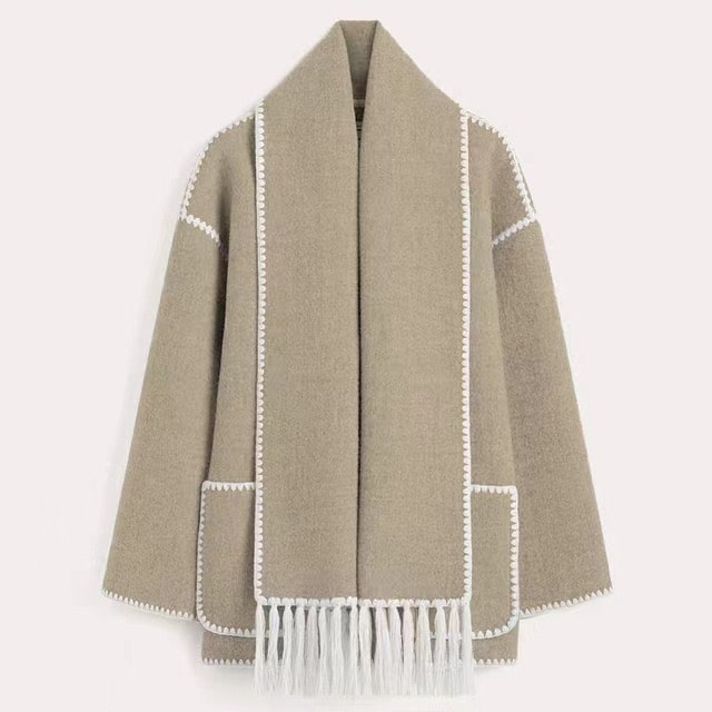 Wool Blend Cape Coat | Scarf Detail | Elegant & Cozy