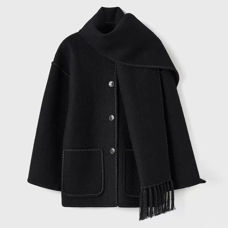 Wool Blend Cape Coat | Scarf Detail | Elegant & Cozy