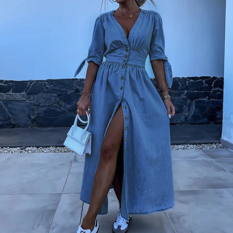 Denim Maxi Dress | Button-Down | Effortless Chic