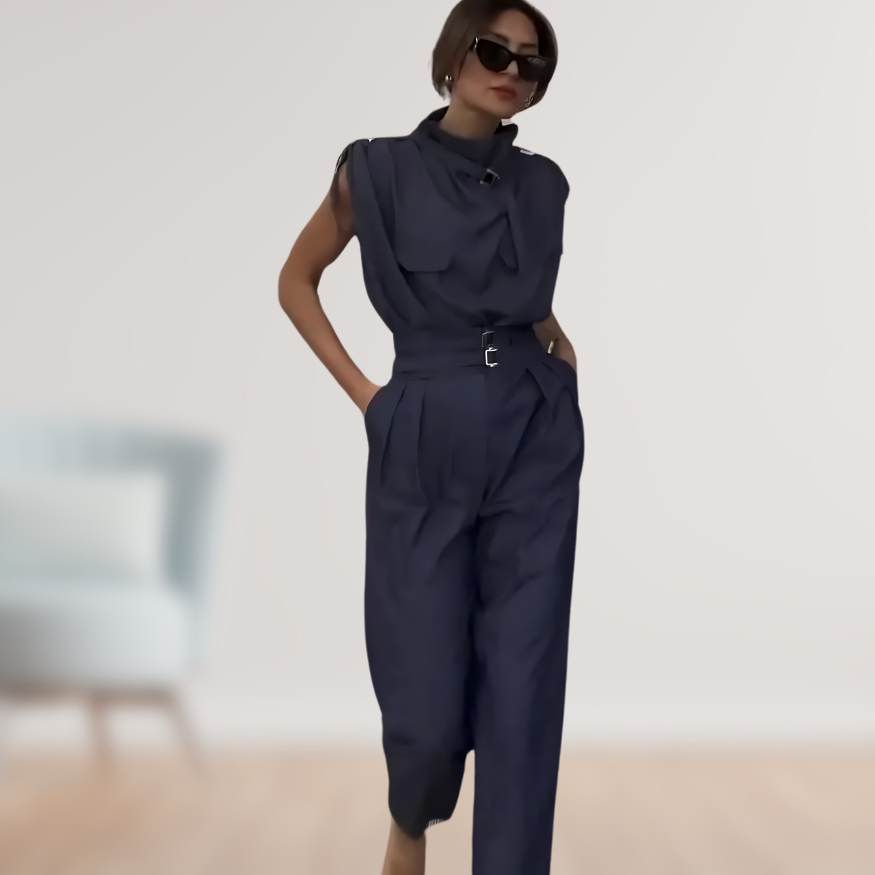 High-Neck Two-Piece Set | Sleeveless Top & Pleated Trousers | Elegant & Tailored