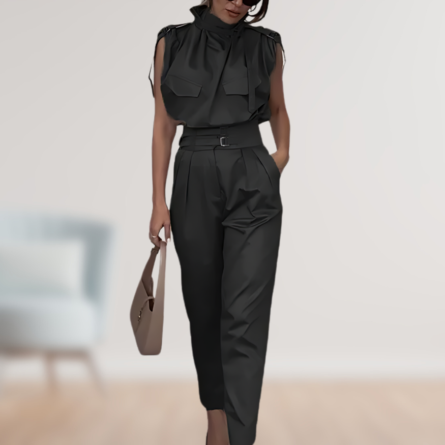 High-Neck Two-Piece Set | Sleeveless Top & Pleated Trousers | Elegant & Tailored