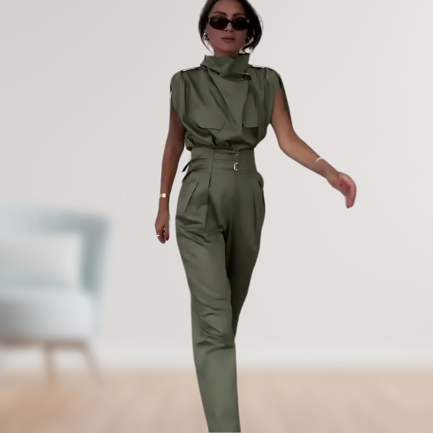 High-Neck Two-Piece Set | Sleeveless Top & Pleated Trousers | Elegant & Tailored