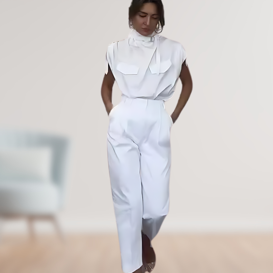 High-Neck Two-Piece Set | Sleeveless Top & Pleated Trousers | Elegant & Tailored