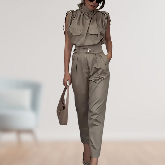 High-Neck Two-Piece Set | Sleeveless Top & Pleated Trousers | Elegant & Tailored