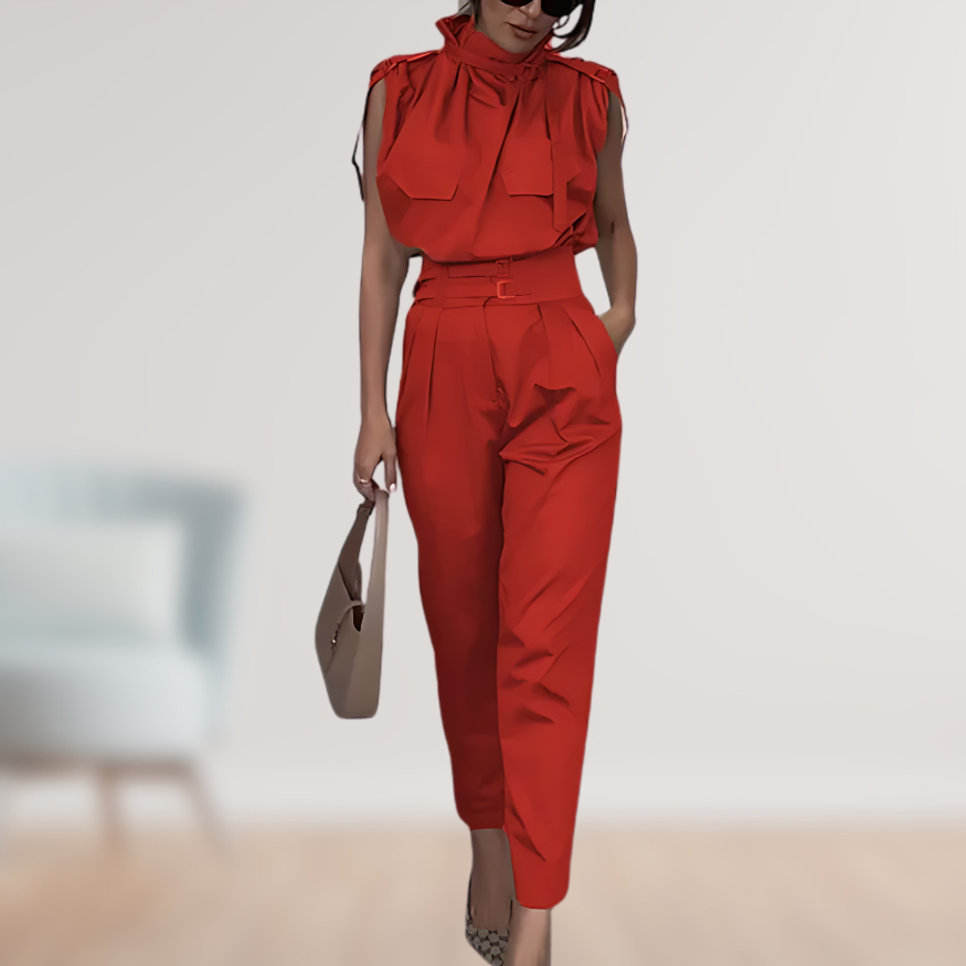 High-Neck Two-Piece Set | Sleeveless Top & Pleated Trousers | Elegant & Tailored