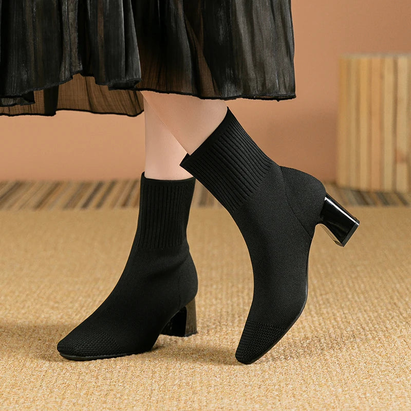 Navy Blue Sock Boots | Stretch Knit | Block Heel