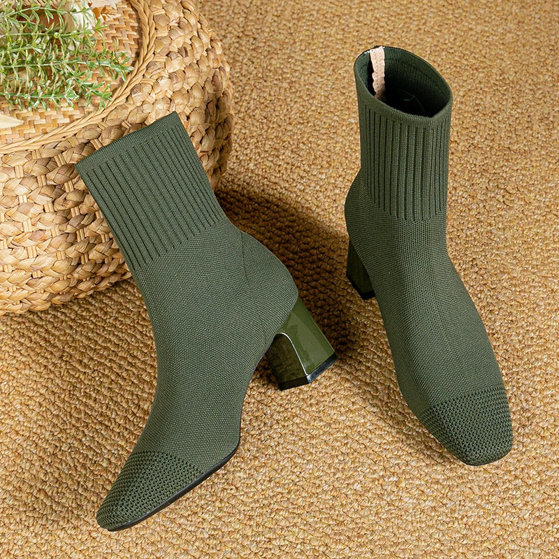 Navy Blue Sock Boots | Stretch Knit | Block Heel