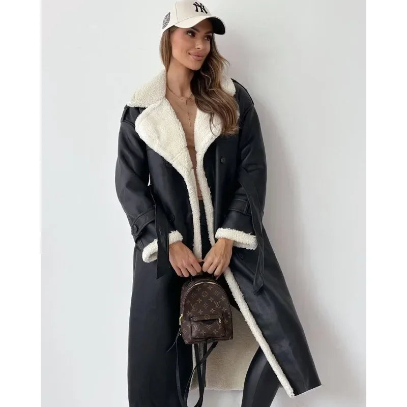 Faux Leather Shearling Coat | Longline | Warm & Stylish