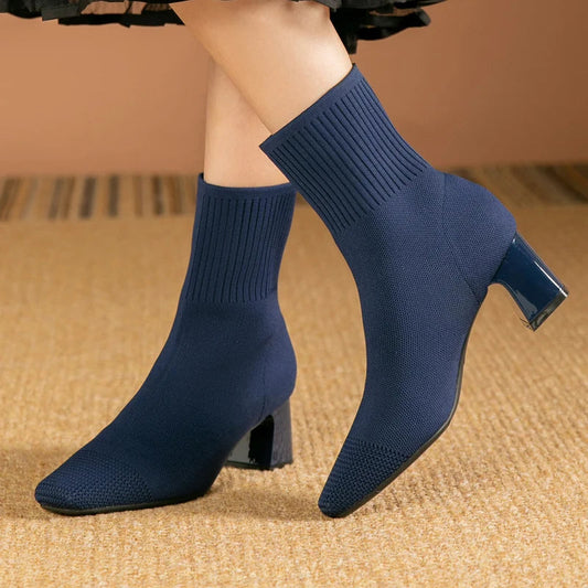 Navy Blue Sock Boots | Stretch Knit | Block Heel