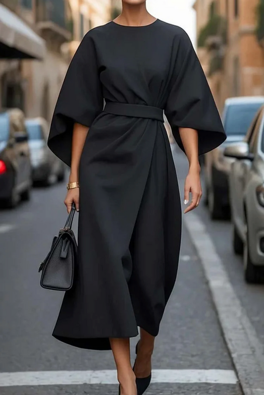 Elegant Black Midi Dress | Statement Sleeves | Belted Waist