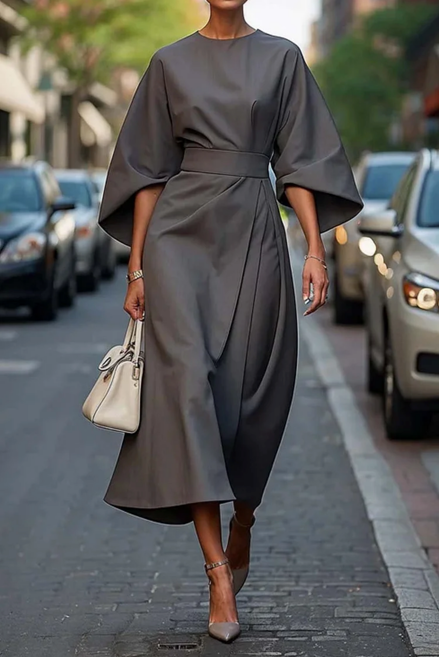 Elegant Black Midi Dress | Statement Sleeves | Belted Waist