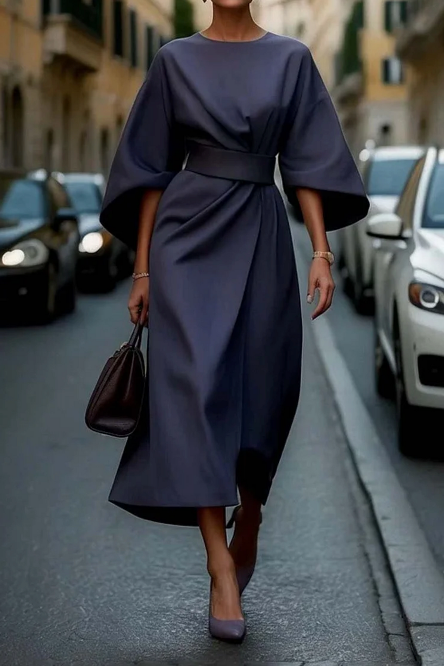 Elegant Black Midi Dress | Statement Sleeves | Belted Waist