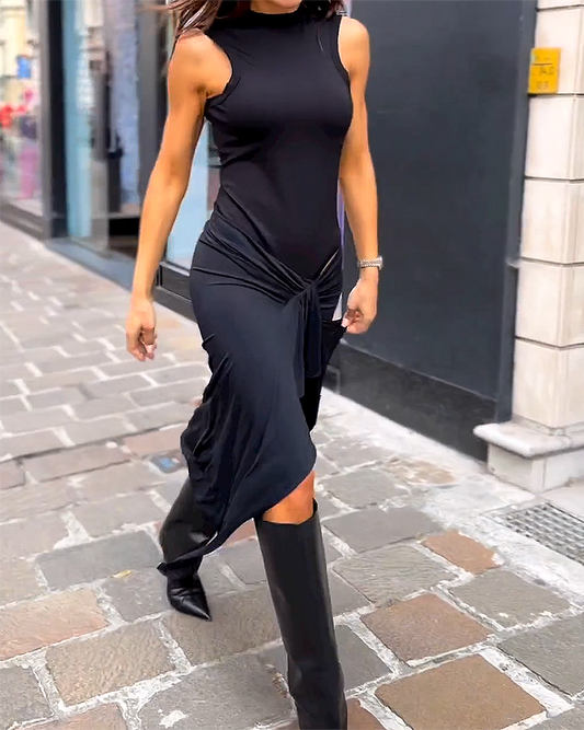 Black Sleeveless Knotted Midi Dress | Chic & Elegant | High Neck