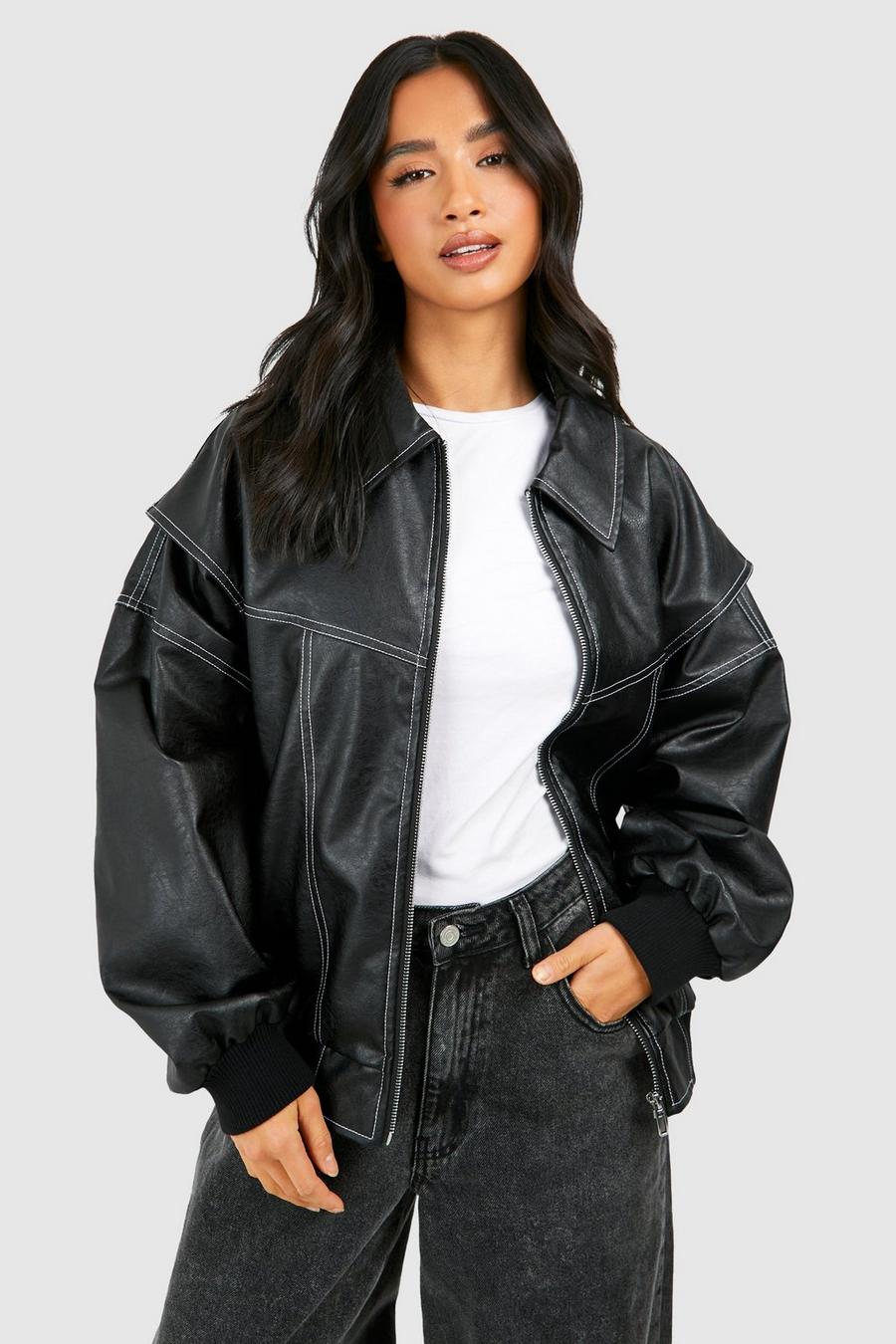 Oversized Faux Leather Bomber Jacket | Edgy Streetwear | Contrast Stitch