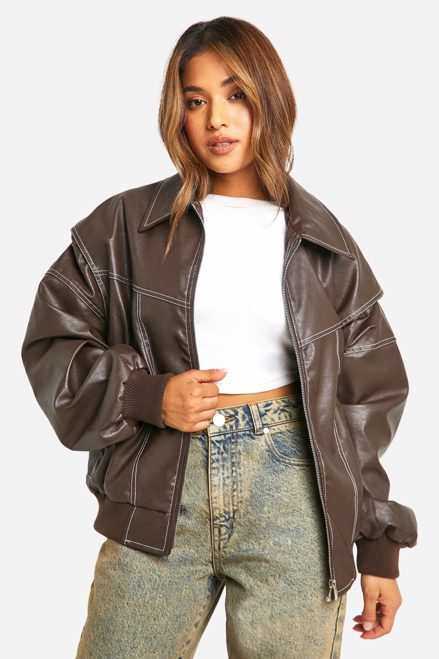 Oversized Faux Leather Bomber Jacket | Edgy Streetwear | Contrast Stitch