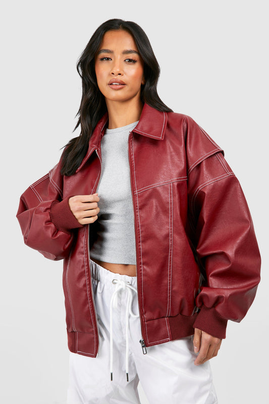 Oversized Faux Leather Bomber Jacket | Edgy Streetwear | Contrast Stitch