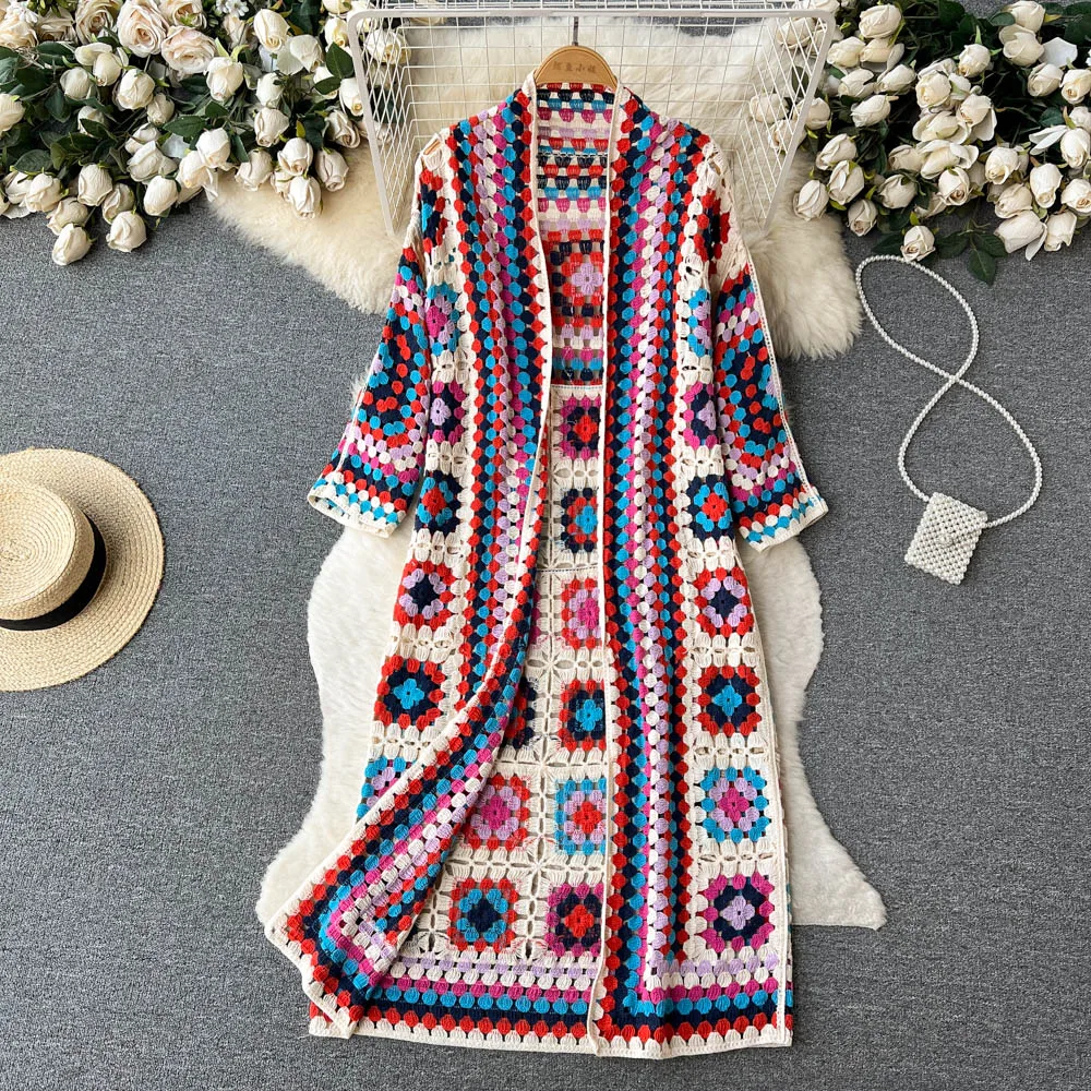 Bohemian Crochet Cardigan | Handmade Patchwork | Maxi Length