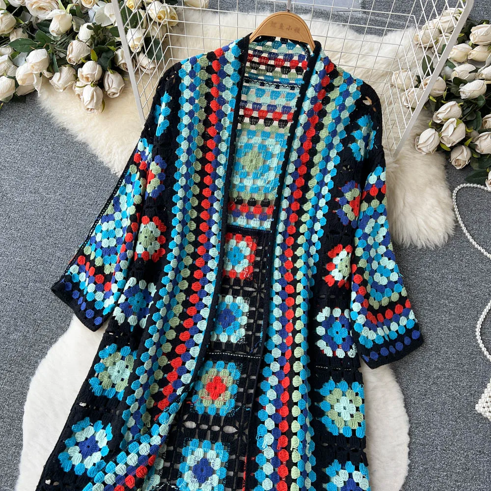 Bohemian Crochet Cardigan | Handmade Patchwork | Maxi Length