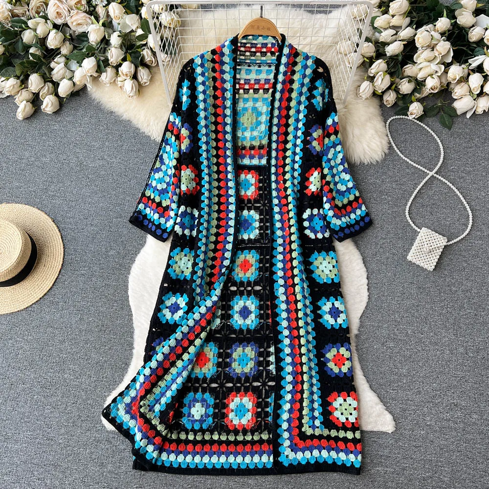 Bohemian Crochet Cardigan | Handmade Patchwork | Maxi Length