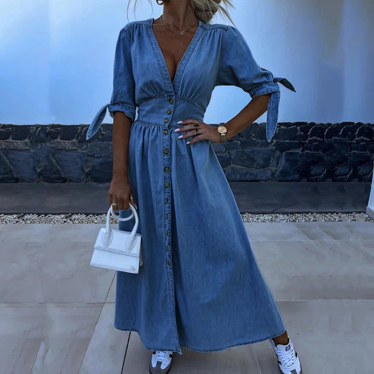 Denim Maxi Dress | Button-Down | Effortless Chic