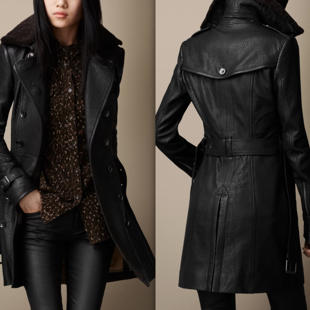 Leather Trench Coat | Double-Breasted | Shearling Collar