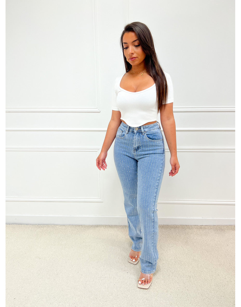 Rhinestone Straight-Leg Jeans | Light Wash | High-Waisted & Sparkly