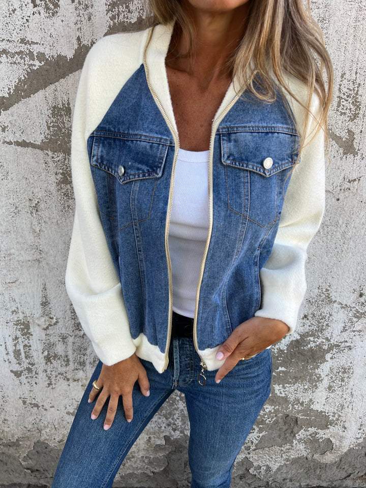 Denim Knit Bomber Jacket | Stylish & Casual | Zip-Up Layer