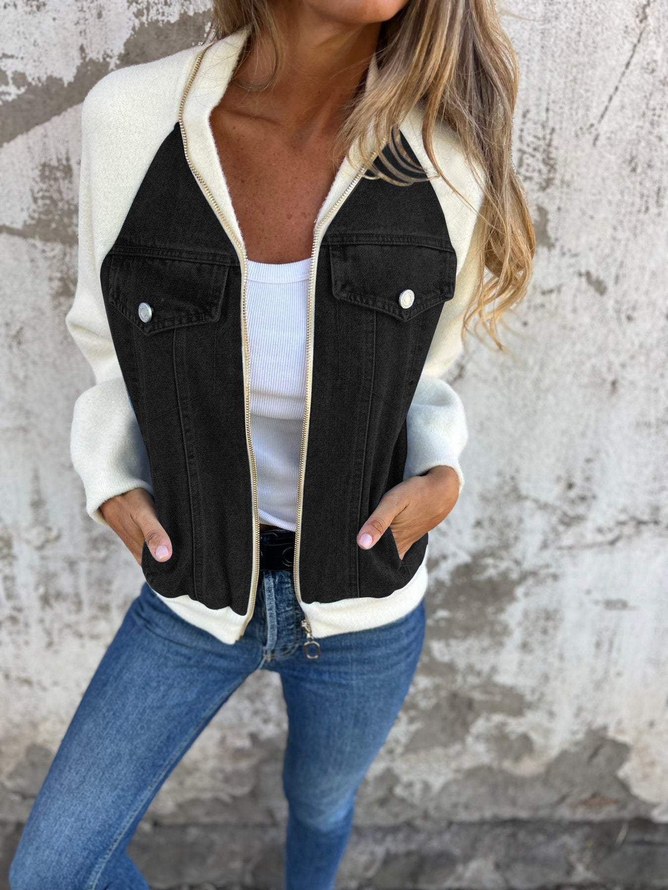 Denim Knit Bomber Jacket | Stylish & Casual | Zip-Up Layer