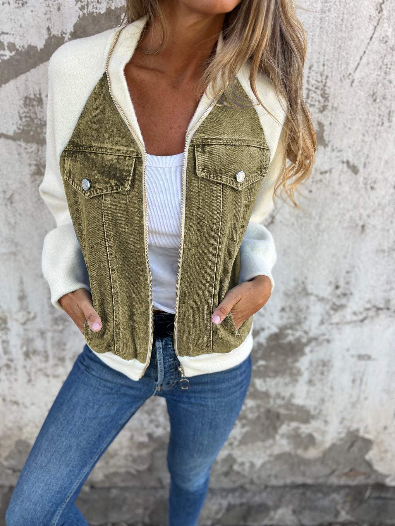 Denim Knit Bomber Jacket | Stylish & Casual | Zip-Up Layer