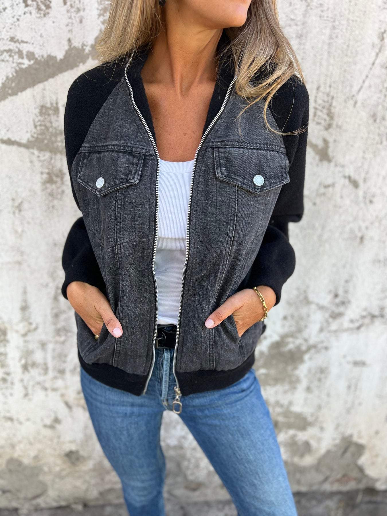 Denim Knit Bomber Jacket | Stylish & Casual | Zip-Up Layer