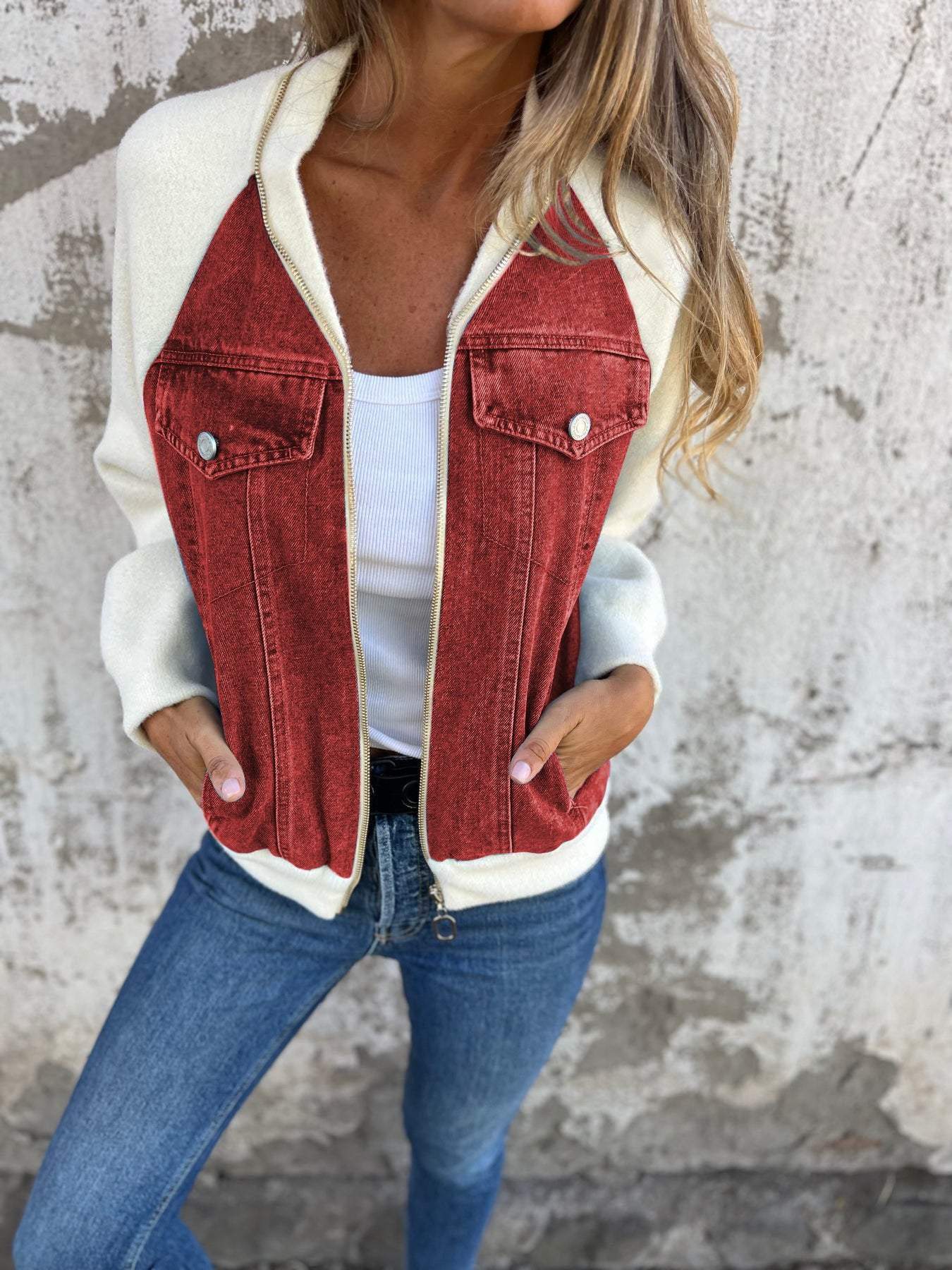 Denim Knit Bomber Jacket | Stylish & Casual | Zip-Up Layer